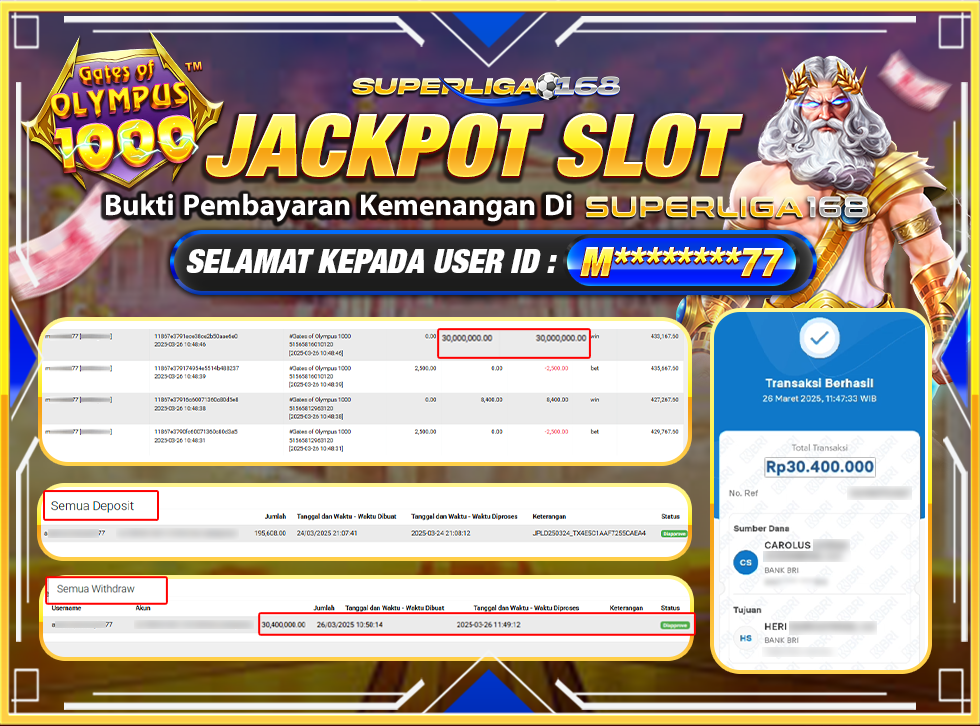 SUPERLIGA168 JACKPOT GATES OF OLYMPUS 1000  Rp.30.000.000,- LUNAS